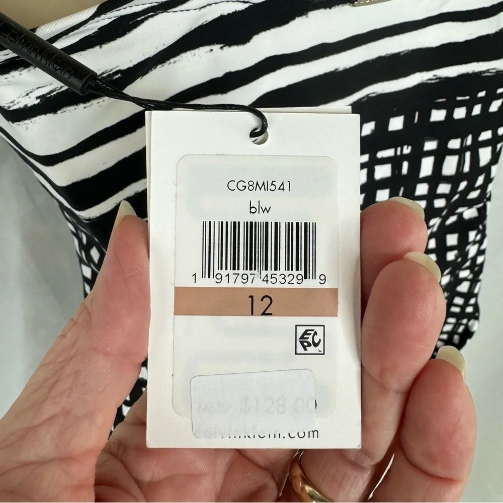 Calvin Klein Abstract Stripe & Block Black White Swimsuit One Piece size 12